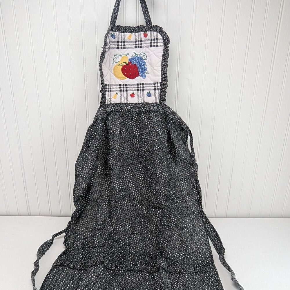 Vintage Gourmet Gallery Kitchen Apron Fruit Pattern Black & White Baking Cooking